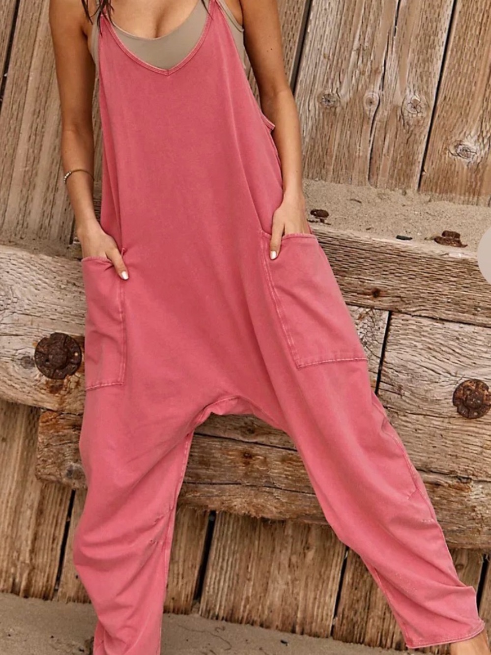 Free People Washed Rose Sleeveless Pocket Jumpsuit